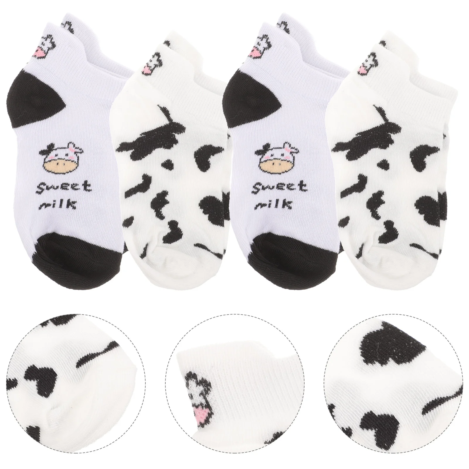 

4 Pairs Cow Socks Anklet Boat for Women Adorable Pattern Embroidery Short Novelty Gift