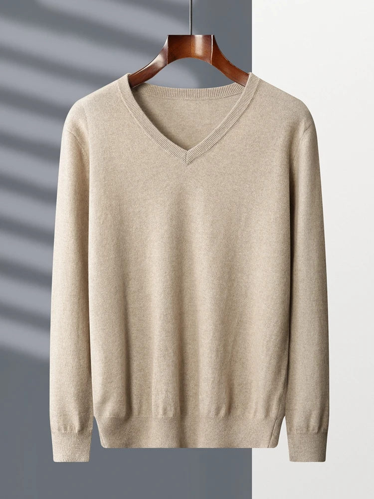 New Fashion Spring and Autumn Sweater For Men 100% Cashmere V-Neck Long Sleeve Pullover Casual Plus Size Tops Warm Knit Shirt