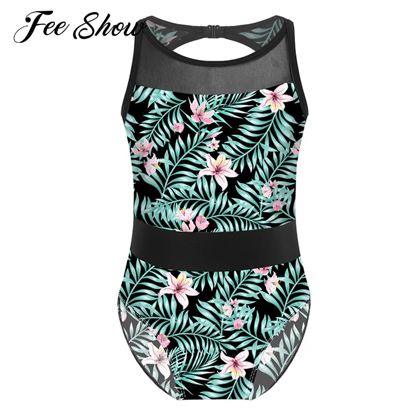

Kids Girls One-piece Swimming Jumpsuit Swimsuit Sleeveless Mesh Patchwork Printed Open Back Stretchy Monokini Bodysuit Swimwear