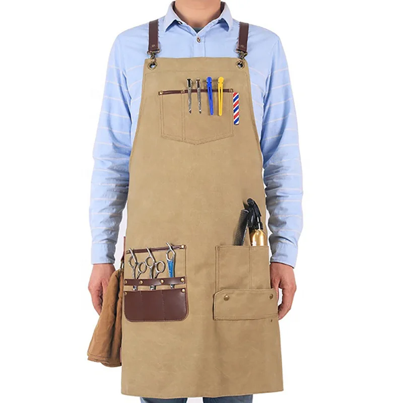 2022 PU Leather Straps Worker Clothes Barista Barber Restaurant Floral Multi-function Pocket Thick Canvas Apron for Woman Man