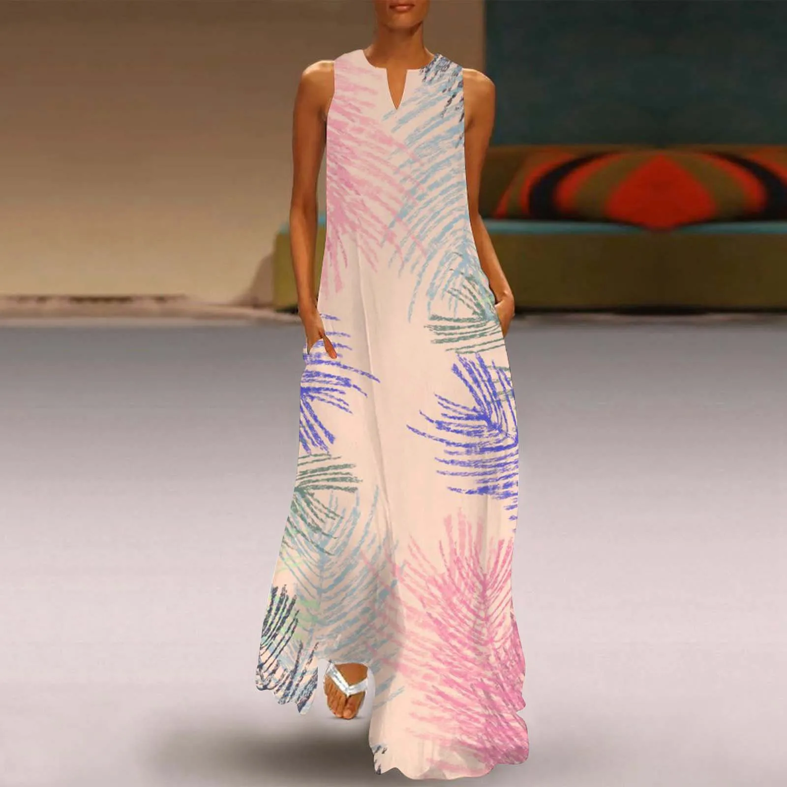 

Women's Casual V Neck Sleeveless Vintage Maxi Dress With Print For Beach Vacation Midi Shirt Dress