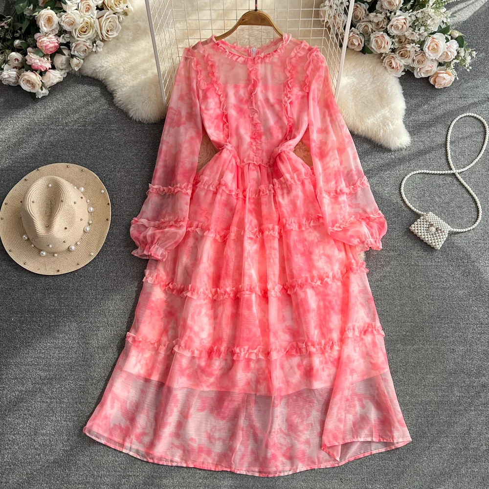 

VANOVICH Temperament Lantern Sleeve O-neck Waist Slim A-line Printed Chiffon Dress Elegant Fashion Tie Dye Long Pullover Dress