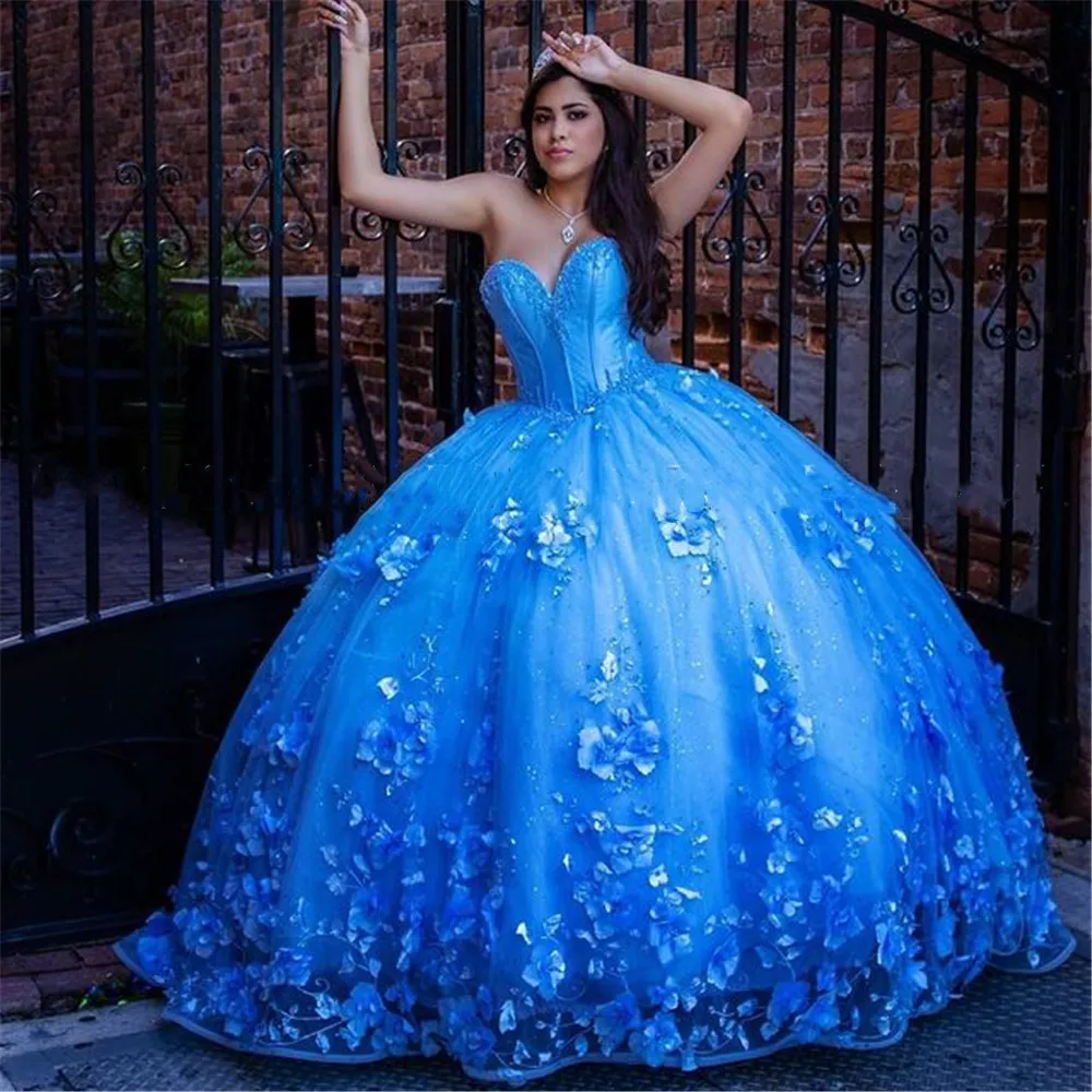 

Небесно-голубые цветочные платья для Quinceanera для 16-летнего бального платья Пышное платье принцессы для девушки маскарадное платье сексуальный корсет для любимой спины