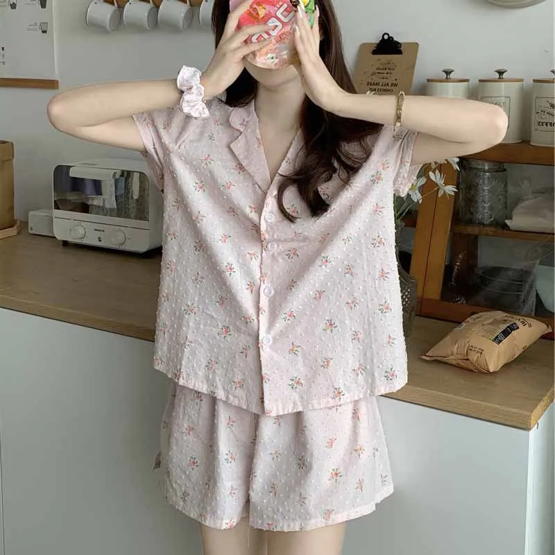2022 new sweet pink floral short-sleeved shorts pajamas two-piece set  pajamas for teen girls  ชุดนอน
