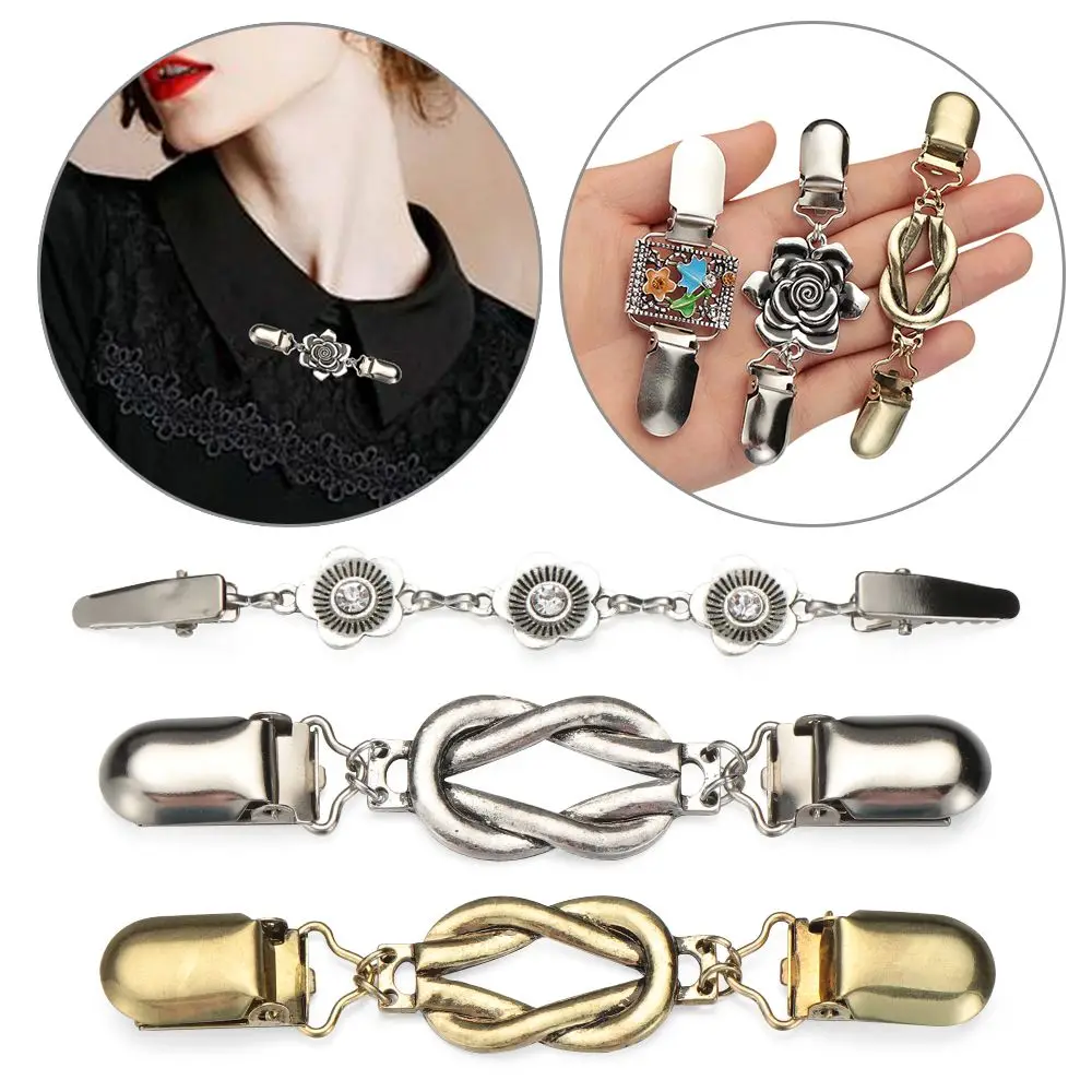 Retro Women Cardigan Sweater Blouse Shawl Clips Shirt Collar Flower Pattern Duck Clip Clasps