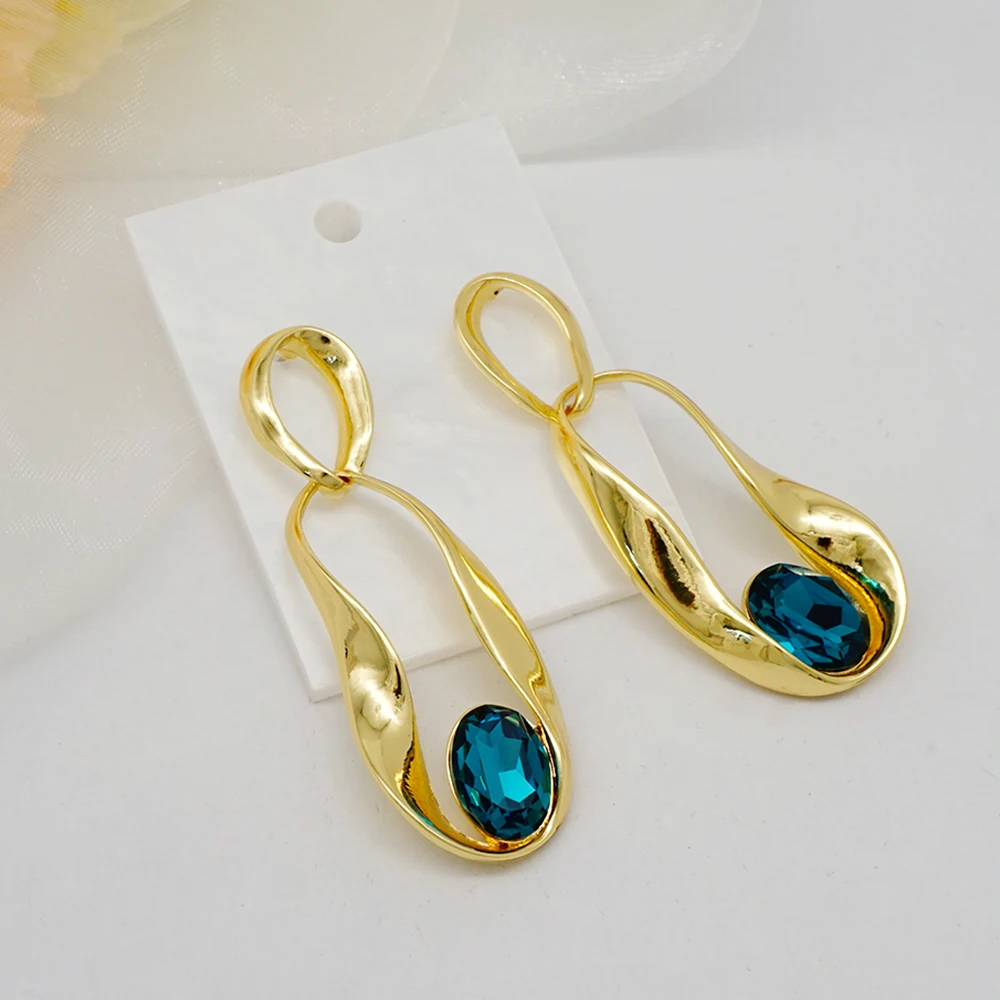 Fashion Jewelry Hanging Long Drop Dangle Earring For Women Personality Blue Rhinestone Crystal Copper Earrings Statement Earring