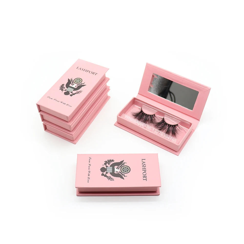 

Pink Passport Rectangular Eyelash Packaging Box with Mirror Wholesale Long 25mm Mink Lashes Custom Lash Box Packaging Nail Case