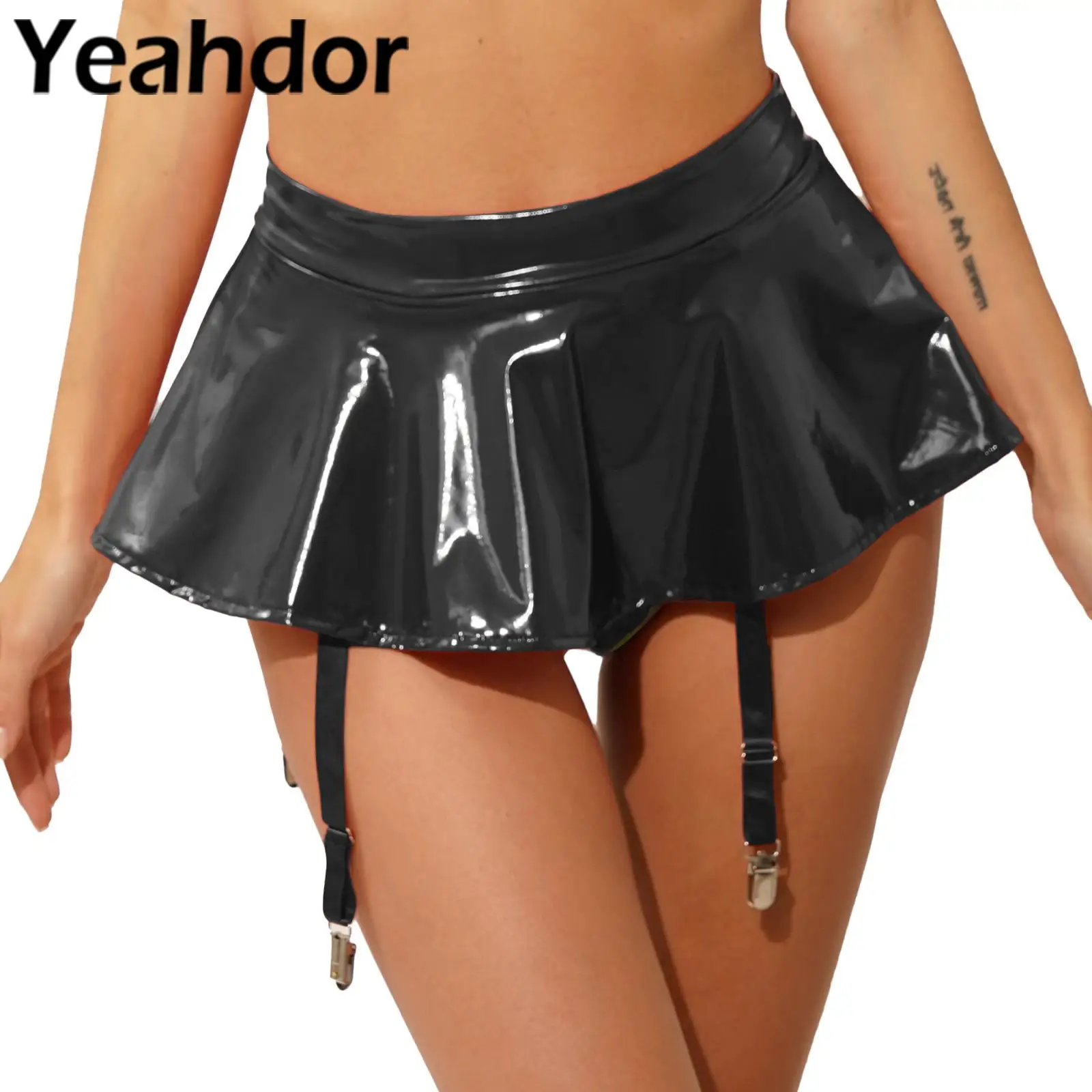 

Womens Wetlook Mini Skirt with Built-in Thongs Garter Belts Metal Clips Patent Leather Miniskirt for Clubwear Party Pole Dance