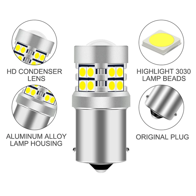 Ampoule de voiture blanche haute puissance, feu arrière de voiture T15 W16W  1156, clignotant, LED blanc, 7440 P21W BA15S 3030 W21W 12V, 2 pièces -  AliExpress