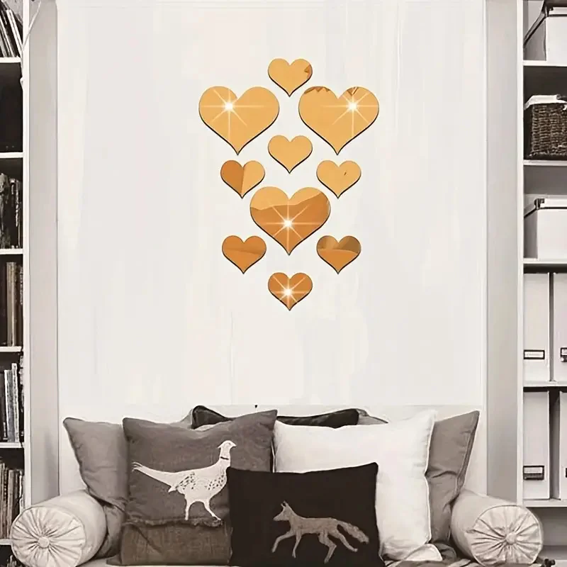 10pcs 3D Acrylic Wall Stickers Hearts Fashion DIY Decals Self-Adhesive LOVE Wedding Background Home Decoration Mirror Ornament