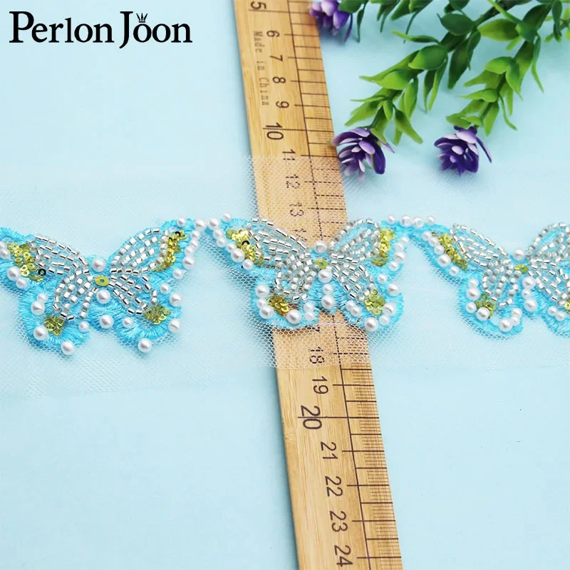 

5Yards Butterfly Blue Embroidery Gold Sequin Glass Bead Pearl Imitation Handmade Lace Mesh DIY Sew Decoration for Clothing HB046