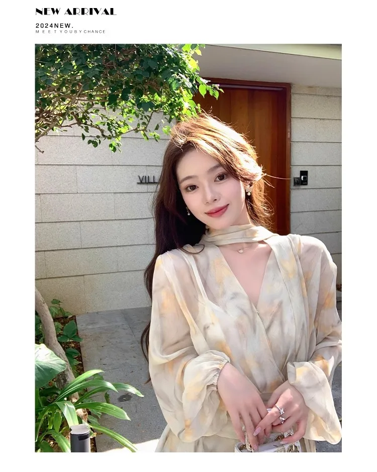 Elegant Chiffon Short Dresses for Women V-neck Lantern Sleeves Ruffles A-line Summer New Holiday Style Printed Vestidos Mujer