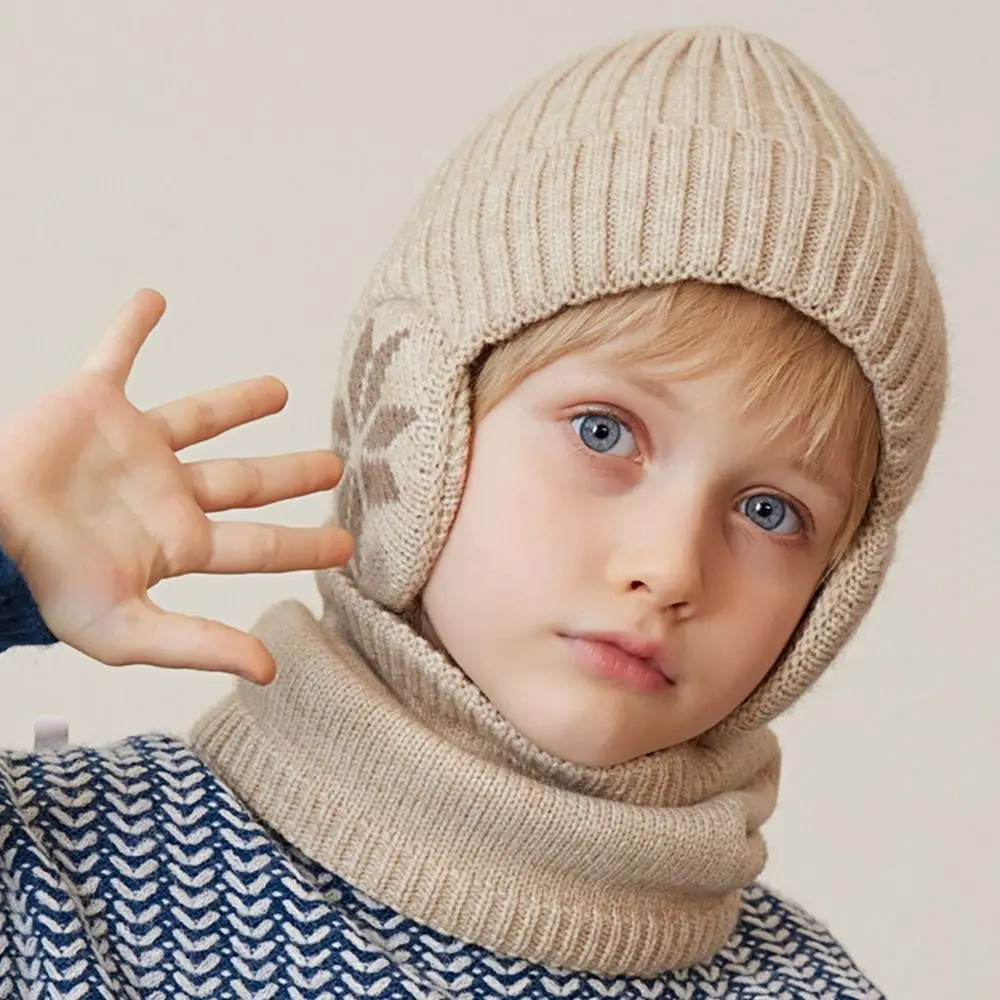 

Solid Color Ear Protection Wool Caps Soft Muffler Earflap Scarf Hat Set Thickened Windproof Knitted Skullies Winter