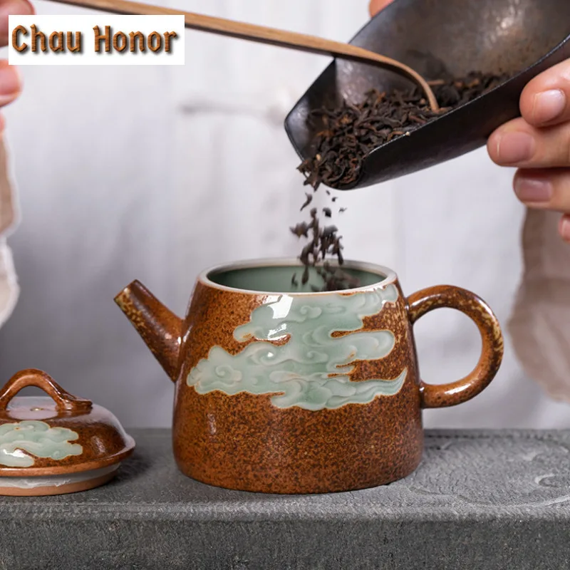 120ml Handmade Wood-fired Celadon Teapot Retro Tea Infuser Qin Quan Pot Tea Brewing Kettle With Strainer Chinese Tea Set Craft