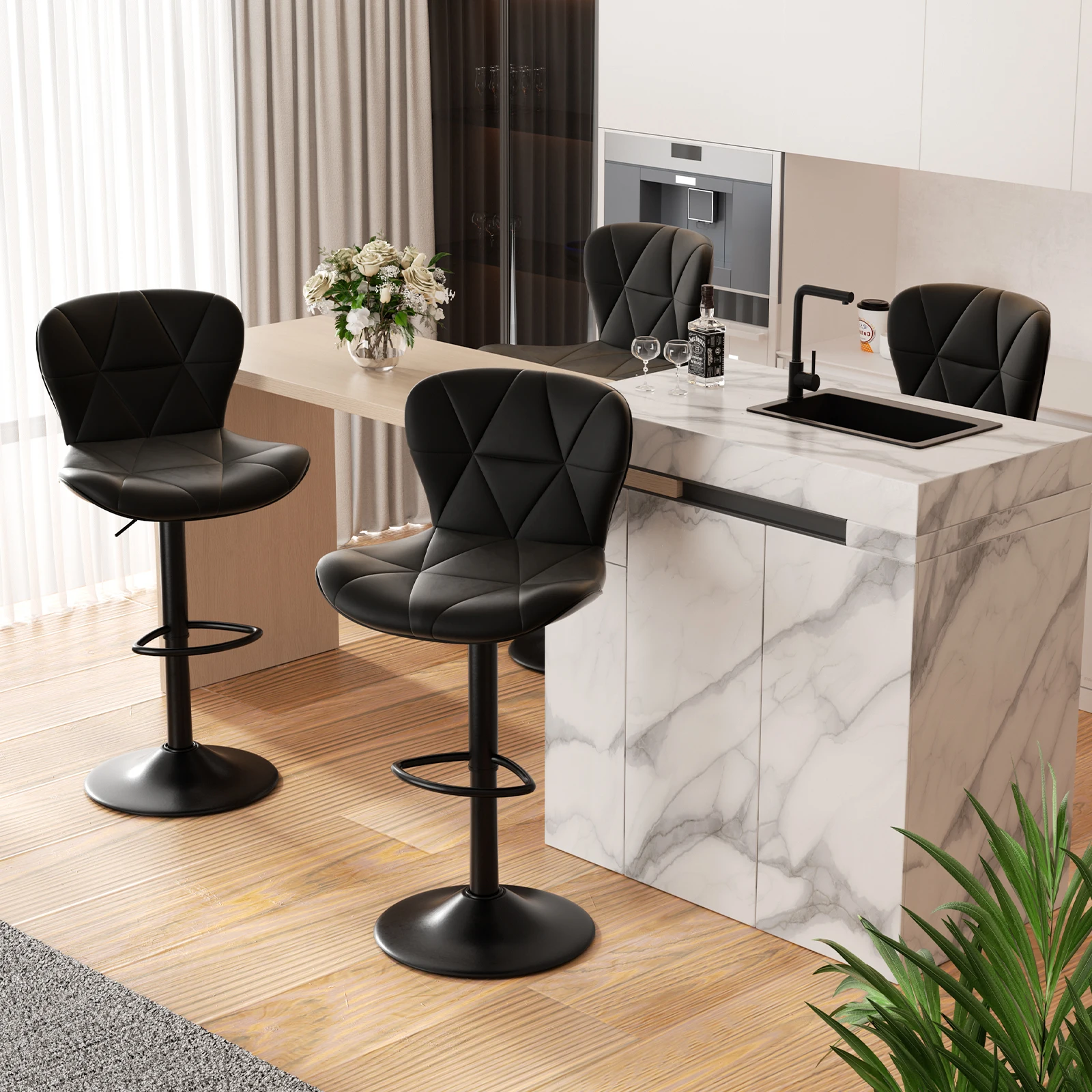 Modern Bar Stool 2-Piece Set, Adjustable Artificial Leather Cushioned Rotating Bar Stool with Backrest, Height for Kitchen Island