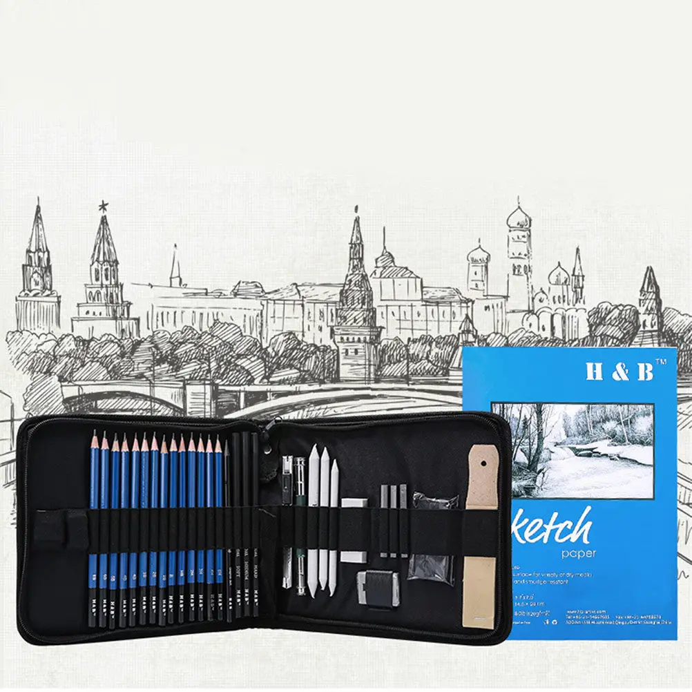 35Pcs 스케치 연필 세트 지퍼가 달린 운반 케이스가있는 예술가 학생 초보자를위한 전문 드로잉 연필 키트 미술 용품
