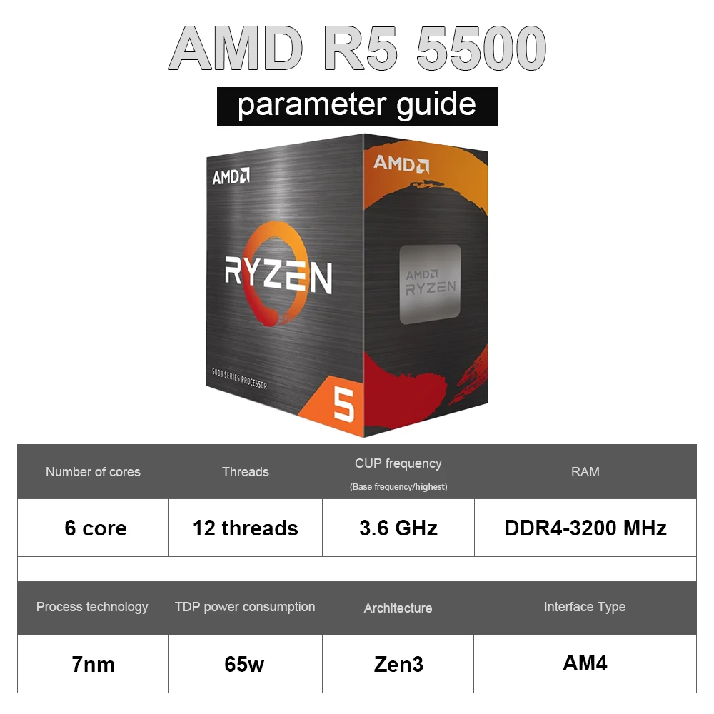 NEW AMD Ryzen 5 5500 R5 5500 3.6GHz Six-Core Twelve-Thread CPU Processor  7NM 65W L3=16M 100-000000457 Socket AM4 with cooler fan