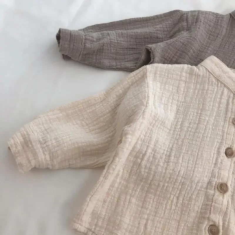 Spring  Autumn New Korean Children's Cotton and Linen Standing Neck Shirt Long Sleeved Loose Cotton Linen Shirt Top Long Sleeved 4