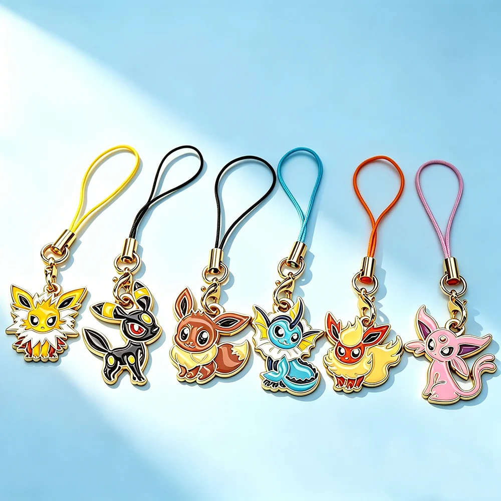 6 Stück Anime Pokemon Eevee Handyanhänger, niedliche Cartoon-Fuchs-Elfen-Monster-Schlüsselanhänger, Schlüsselband für Taschen, Handys, Schlüssel, Deko-Geschenk