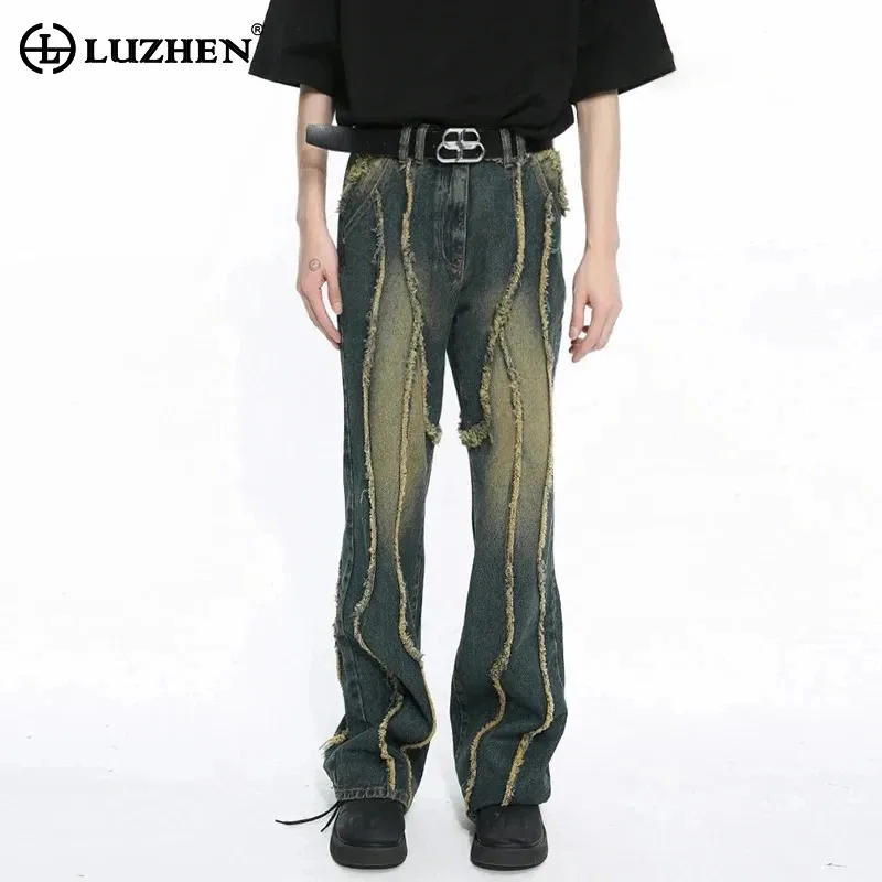 

LUZHEN Pants 2024 Spring Denim Men's New Fashion Wear Deconstructed Ragged Edge Splicing Damaged Design Washed Jeans 9C5094