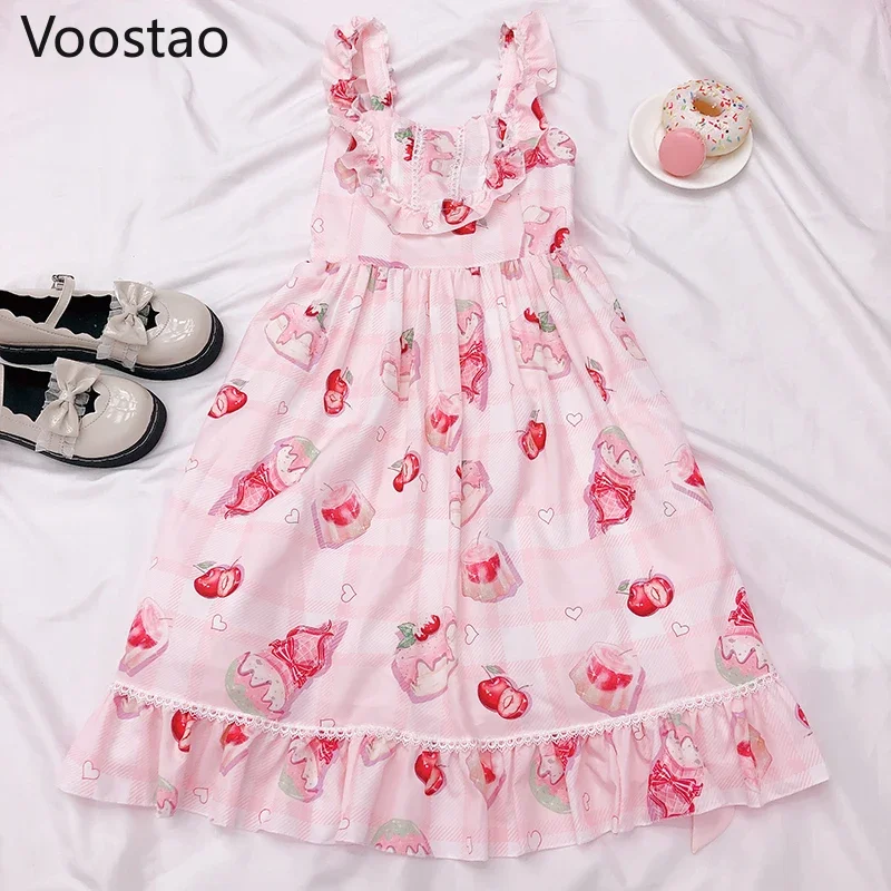 Japanese Style Sweet Lolita Jsk Dress Girls Harajuku Cute Pink Cherry Print Party Sling Dress Kawaii Ruffles Sleeveless Dresses