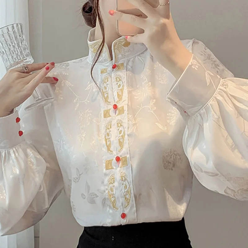 New Summer Elegant Fashion Solid Color Print Retro Office Lady Women's Clothing Chinese Style Embroidery Turtleneck Tops