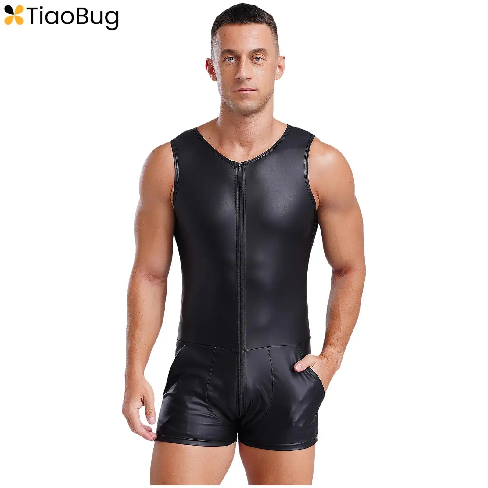 Mens Sexy Faux Leather Rompers Bodysuit Sleeveless 3-end Zipper Leotard Jumpsuit Tempting Clubwear Nightwear Beach Swimming Suit men bodysuits men jumpsuits men lingerie