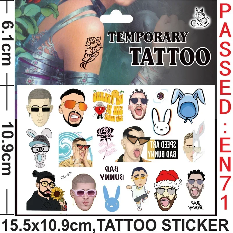Singer Star Cartoon Bad Bunny Tattoo Stickers Children's Temporary Tattoos Body Art Cosplay Party Toys Kids Fans Gift