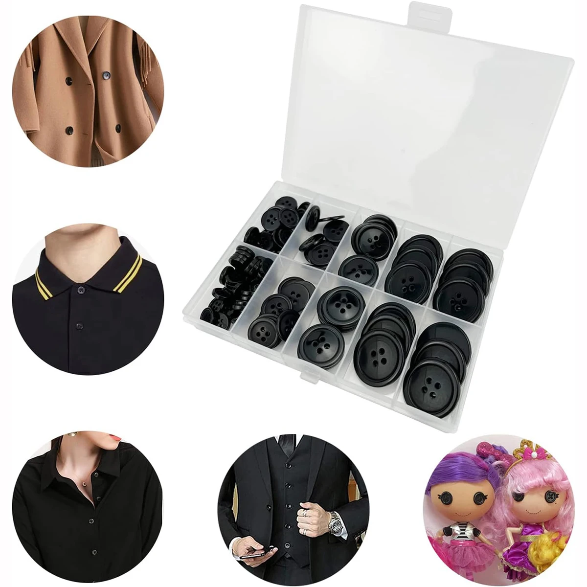 100 Pcs Black Resin Sewing Buttons, Mixed 5 Sizes of Black Buttons Suitable for Sewing Decoration 4-Hole Craft Buttons 5