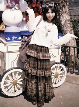 2025 New Tiered Ruffled Plaid Skirt Women's High Waist Long Maxi Skirt Vintage Cottagecore Aesthetic Daily Skirt 1