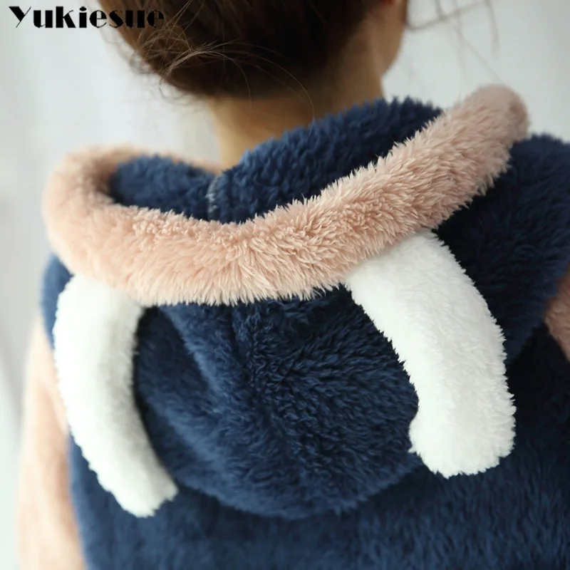 New Autumn Winter Women Flannel Pajamas Set Bear Hooded Pajamas Sleepwear Coral Fleece Thickened Warm Pyjamas Home Clothing