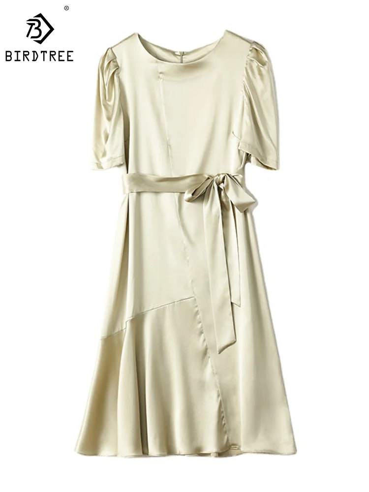 

Birdtree 93.4%Real Silk Elegant Satin Heavy Dress for Women O-Neck Puff Sleeve Slim Waist Lace Up Ruffle Dresses Summer D37027QM