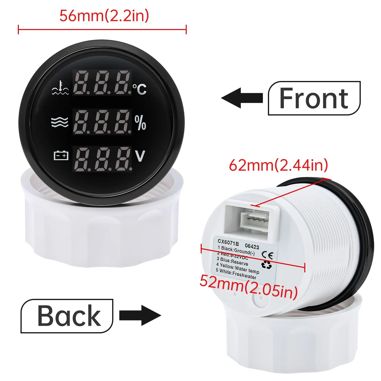 알람 온도 센서가 있는 적색 등 게이지, 수위 게이지, 수온, 전압계, 3 in 1, 자동차 보트, 0-190ohm, 52mm
