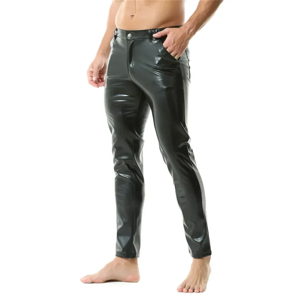 Mens Casual Zipper Faux Leather Pants Men Streetwear Nightclub Straight Trousers With Pockets Male Motorcycle Stage Short Pants leather pants skinny pants