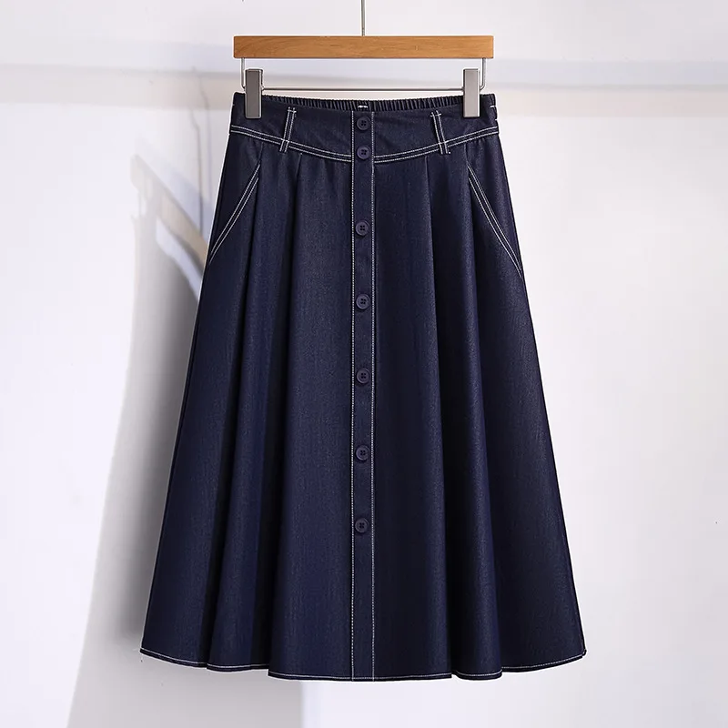 

Women's Clothing Vintage Simplicity Button Spliced Loose Solid Color Skirts Summer Fashion Trend Elastic High Waist Denim Skirt