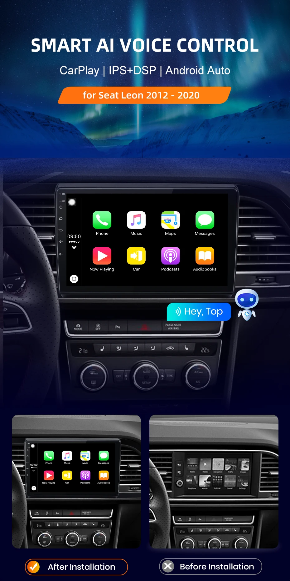 Für Seat Leon 3 2012-2020 Drahtlose CarPlay für Apple Android Auto Auto Radio GPS IPS RDS FM WiFi BT 4G 8Core Multimedia Stereo – Detail 1