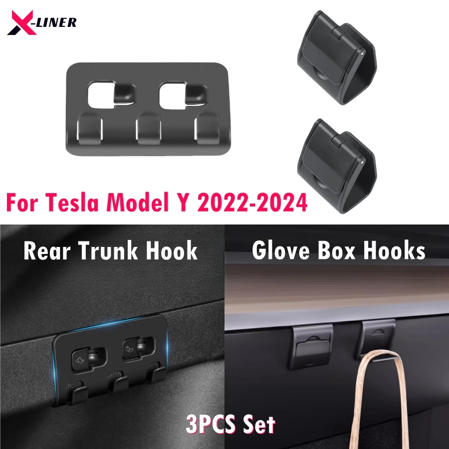 Rear Trunk Hook for Tesla Model Y 2022-2024 Foldable Glove Box Hooks Tote Trunk Grocery Bag Hooks For Model Y 5-Seater 3PCS Set