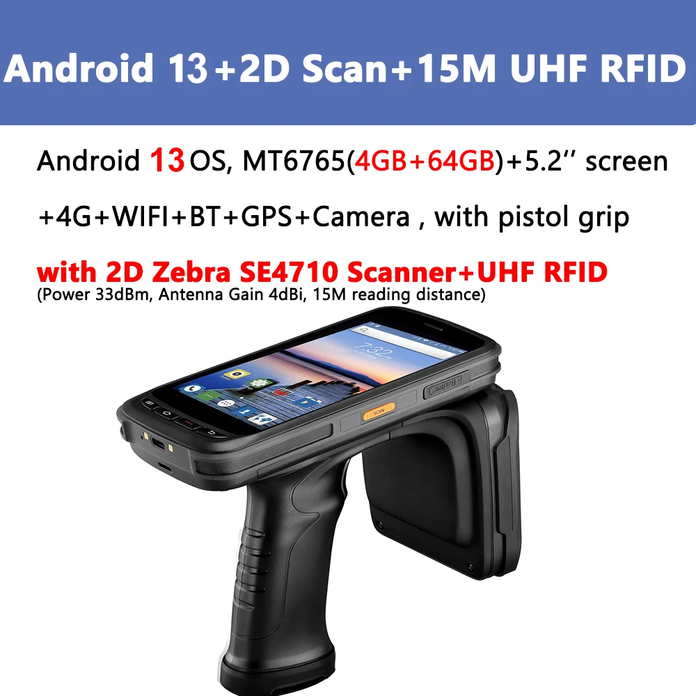 5.2 Inch Data Collectors 1D/2D QR Code Reader Support E710 UHF RFID Reader NFC 4G LTE Android 13 OS Pistol Grip Chainway C72