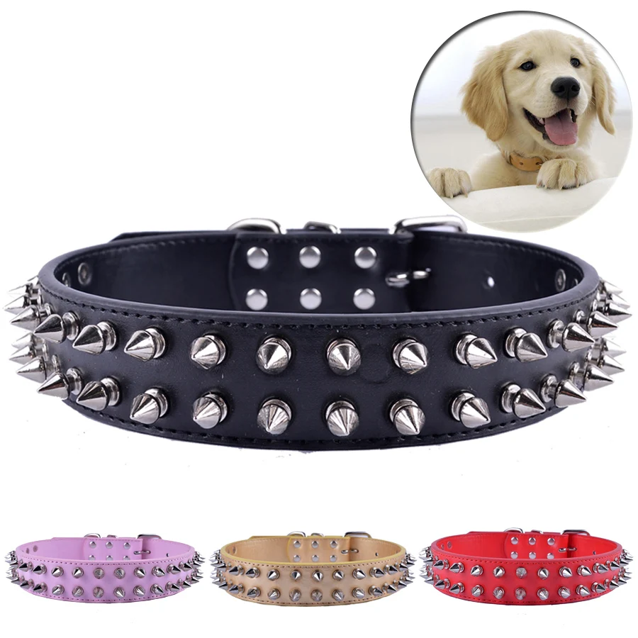 

Personalized Two Rows Spikes Studded Dog-Collar Pu Leather Collar For Large Dogs Pitbulls Pet Dog Supplies Size L XL