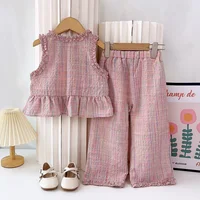 Ensemble deux pièces d'été rose pour filles, avec haut sans manches à simple boutonnage et pantalons décontractés, nouveaux ensembles de vêtements pour enfants 2