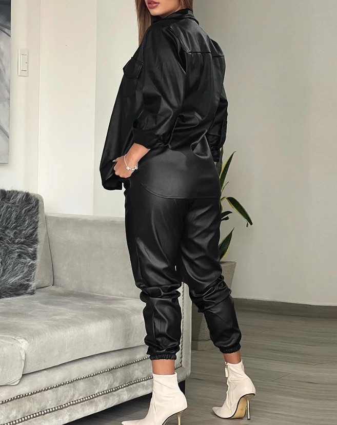 Street Sexy and Stylish Pocket with New Design Pu Leather Shirt and Cuffed Pants, Pretty Girl Set