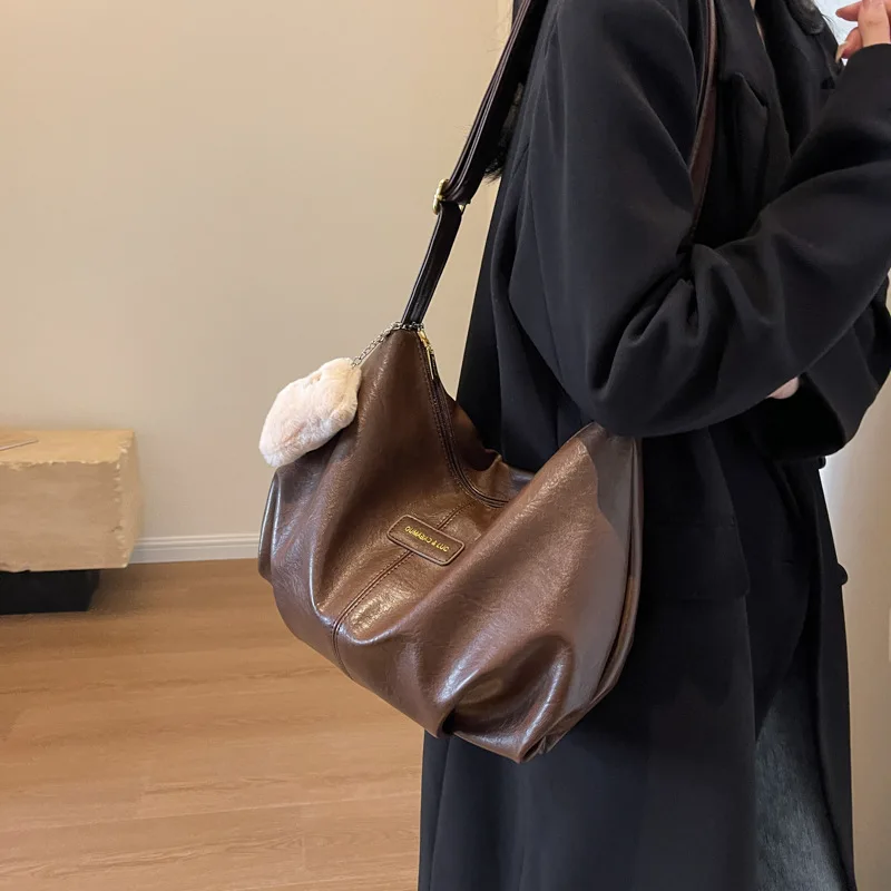 Autumn Crinkle-Texture Shoulder Bag Women's Convertible Messenger Tote with Spacious Storage Multi-Functional Pouch-Style Purse