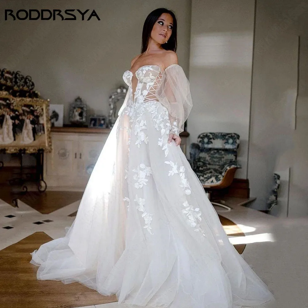 

RODDRSYA Elegant Wedding Dresses For Bride Plus Size Sweetheart Detachable Puff Sleeve Applique Sweep Train A Line Bridal Gowns