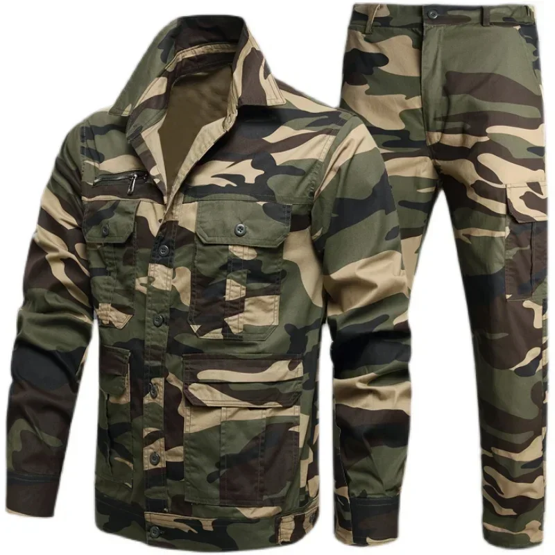 Men's Lightweight Work Suits Outdoor Multi-Pocket Tactical Jackets+Casual Hunting Cargo Pants Spring Summer Camo