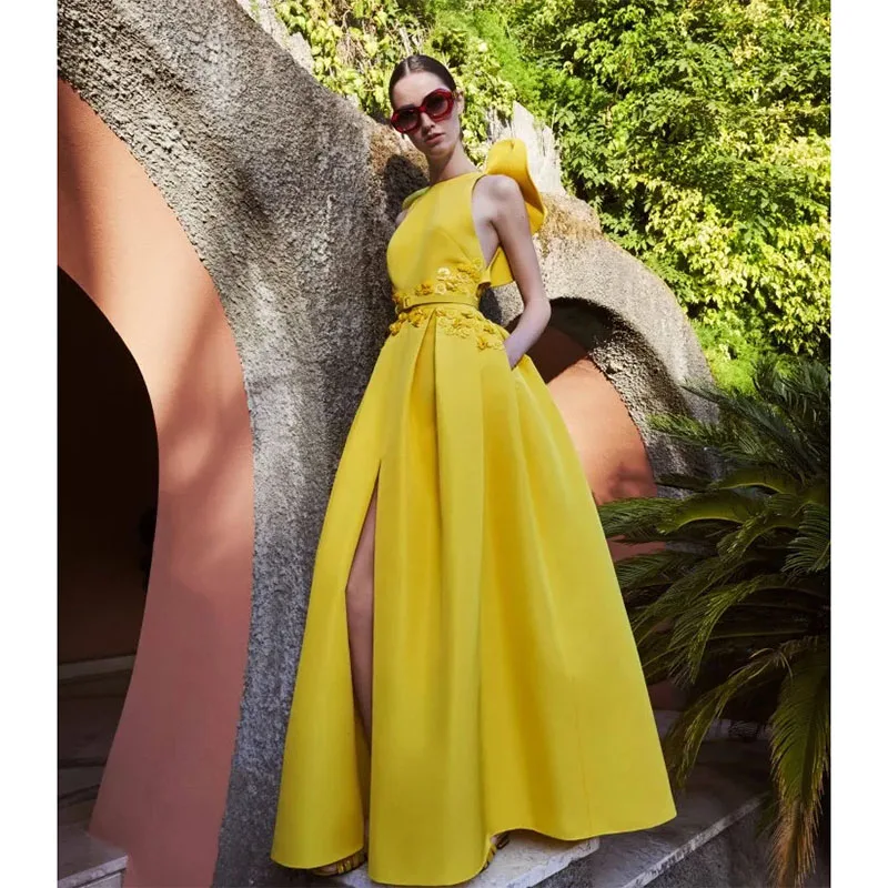 

Yellow Prom Dresses High Split Side Sleeveless Evening Dress Simple But Stylish Formal Party Gowns Custom Made