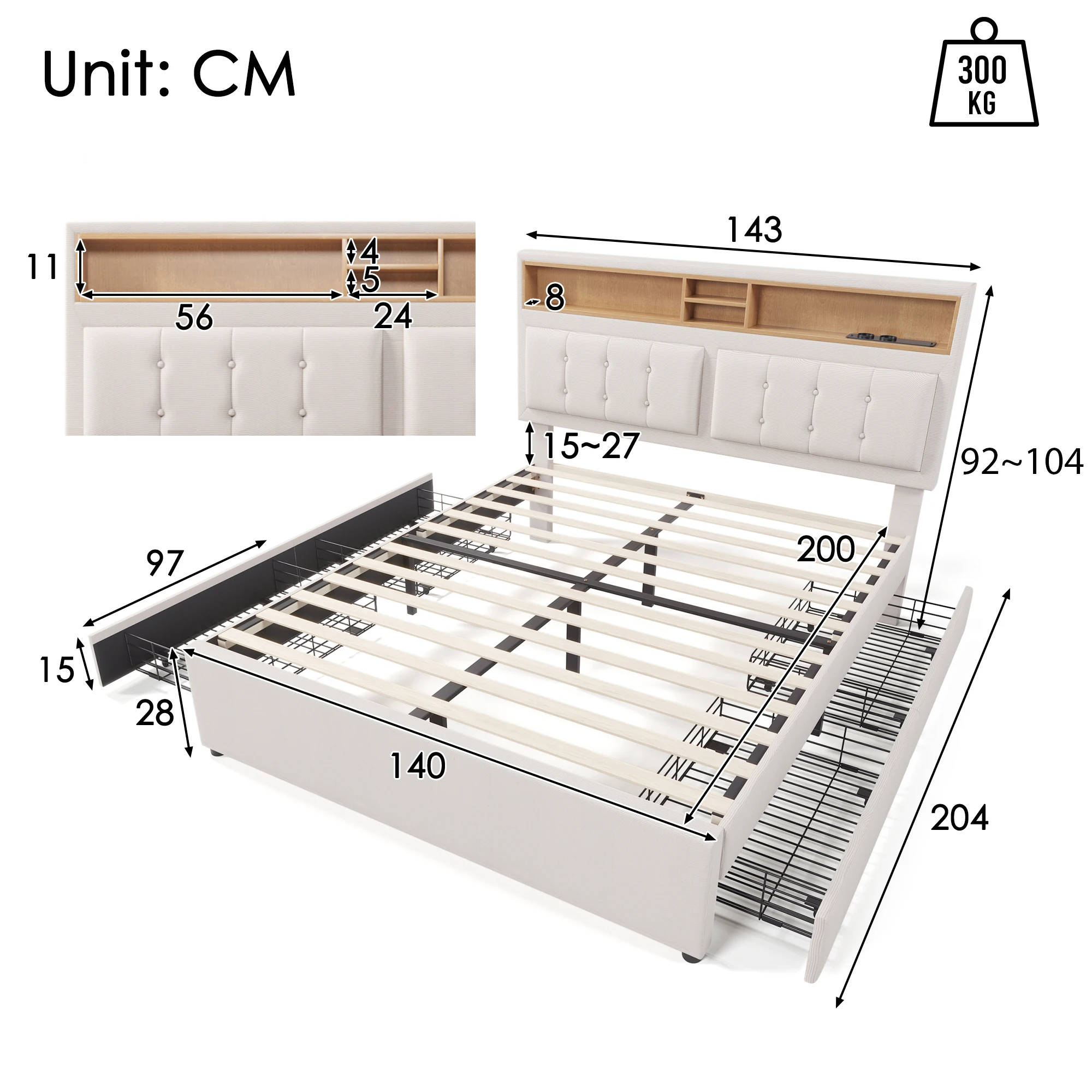 Doppelbett mit 4 Schubladen und USB-C-Anschluss, Polsterbett 140x200cm, höhenverstellbares Kopfteil, (mit Matratze) – Detail 18