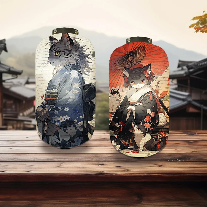 

Ukiyo-e Style Paper Lantern Japanese Kimono Samurai Cat Printed Lantern Restaurant Izakaya Cuisine Pub Decor Advertising Sign