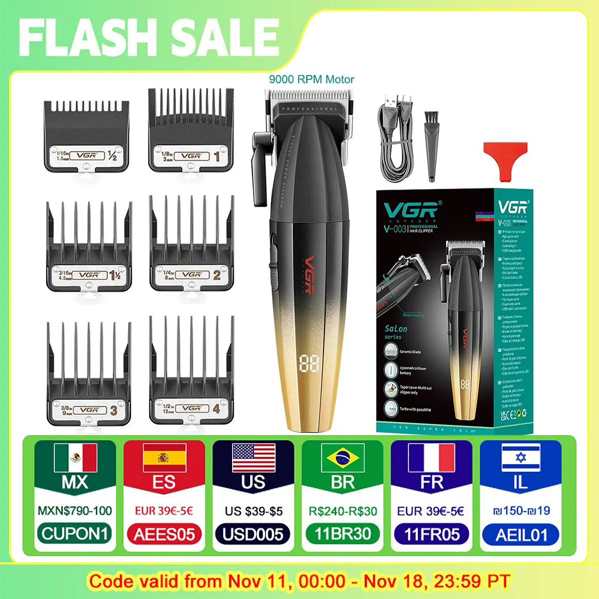 Hair Clipper VGR Professional Hair Trimmer Electric Cordless Hair Cutting Machine 9000RPM Trimmer Clipper for Men V-003
