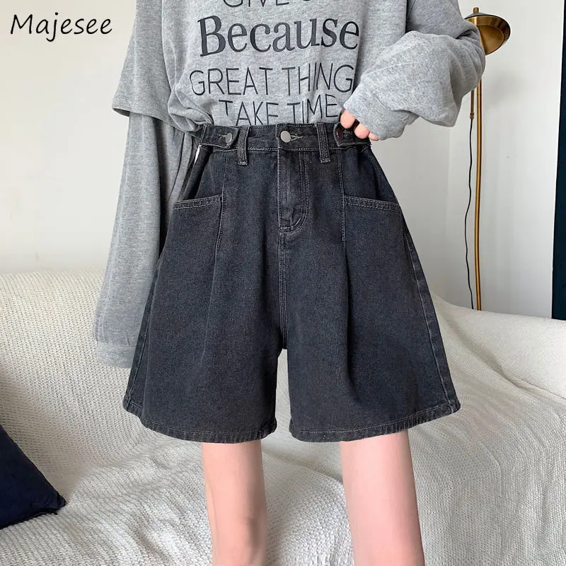 

Denim Shorts Women Wide Leg Chic Baggy Summer Vintage Streetwear All-match Solid Casual High Waist Korean Style Basic Teenagers