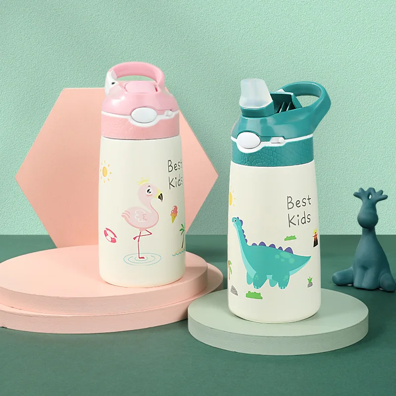 Thermal Water Bottle Stainless Steel Water Bottle Thermal Mug Stainless Steel Thermos Bottle Kids Water Bottle Cartoon Animal Children's Cup With Straw 400ML